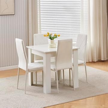 NICEME Compact Dining Table and 4 Chairs, Small Dining Room Set for 4 Seater Kitchen Table with Chairs for Small Space Saving, Glossing Tabletop 75x75 cm (White Table, 4 Seats,Velvet White #2)