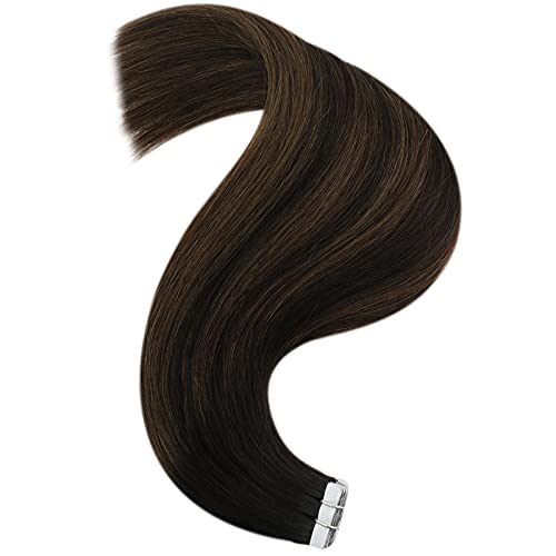 Human Hair Tape in Extensions 14 Inch Tape in Hair Extensions Real Human Hair Brown Balayage Ombre Brown to Chestnut Brown Real Remy Human Hair Extensions Tape in Straight 20PCS 50G