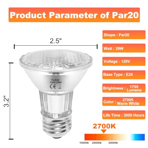 KIMLOONG PAR20 Halogen Light Bulbs, 39W 120V Dimmable 6 Pack, E26 Base Par20 Halogen Bulb, Warm White 2700K, 1755 Lumens ECO Flood Bulb, Long Lasting for Track Lighting & Hood Range Light Bulbs