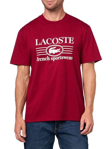 Lacoste Men's Crew Neck Short Sleeve Classic Fit Branding T-Shirt, Bordeaux, Medium