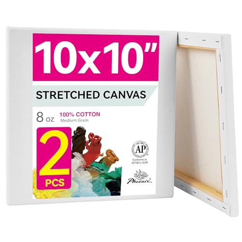 PHOENIX 10x10 Inch Pack of 2 Canvas - Square Stretched Canvases for Painting, 8 Oz Triple Primed 5/8 Inch Profile 100% Cotton White Blank Framed Canvas for Oil Acrylic & Pouring Art