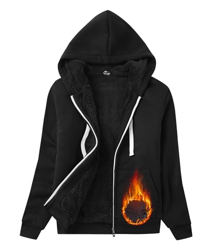 GEEK LIGHTING Womens Zip Up Hoodie Fleece Lined Jacket Sherpa Lined Sweatshirt Warm Winter Fashion Coat for Women Black-M