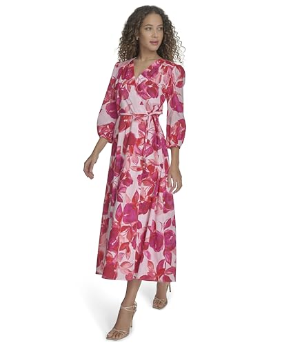 Image of Calvin Klein Women's 3 /4 Balloon Sleeve V-Neck Tie Waist Fit & Flare Midi Dress