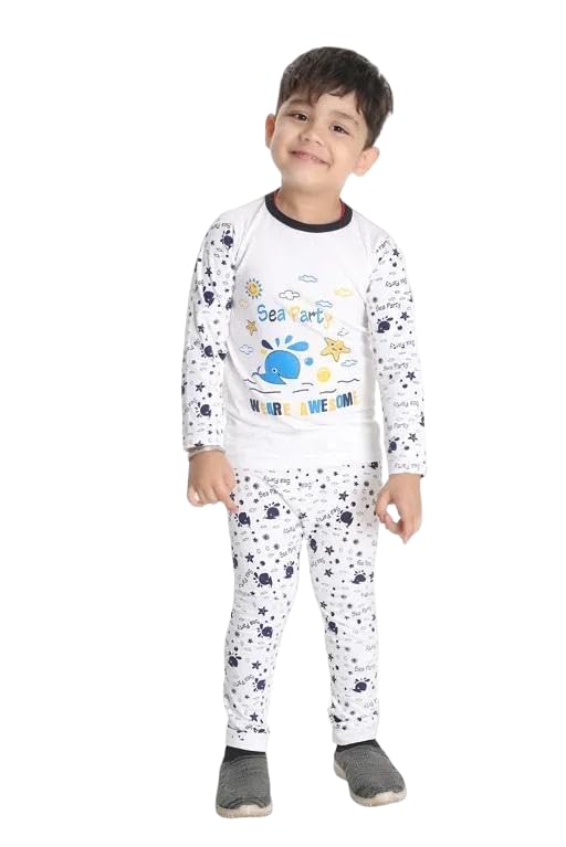 Cotton Casual Printed Full Sleeveless T-Shirt and Pajama Set for Boys (White, 4-5 Years)