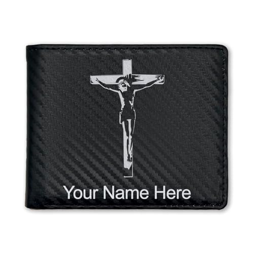 LaserGram Faux Leather Bi-Fold Wallet, Jesus on the Cross, Personalized Engraving Included (Carbon Fiber Black with Silver)