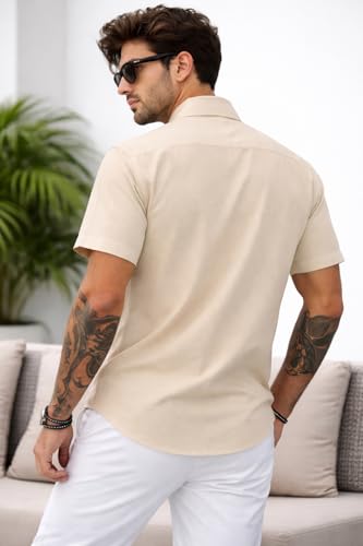 Image of Men's Watercolor Lion Print Button-Down Shirt, Short Sleeve, Casual Summer Wear, White