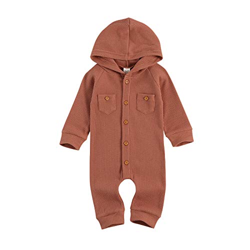 Image of Ynibbim Winter Newborn Baby Boy Girl Solid Romper Unisex Infants Hooded Outfit Clothes Waffle Cotton Button Jumpsuits
