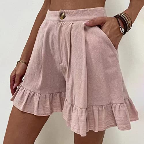 Women Comfy Button Casual High Waist Pure Color Shorts Summer Beach Lightweight Ruffles Short Pants With Pockets Pink #TOP2