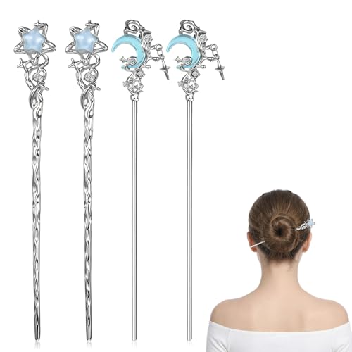 4 Pcs Vintage Star Moon Hair Chopsticks, Chinese Hair Sticks for Buns Long Hairs, Decorative Long Hairs Styling Accessories for Women Girls