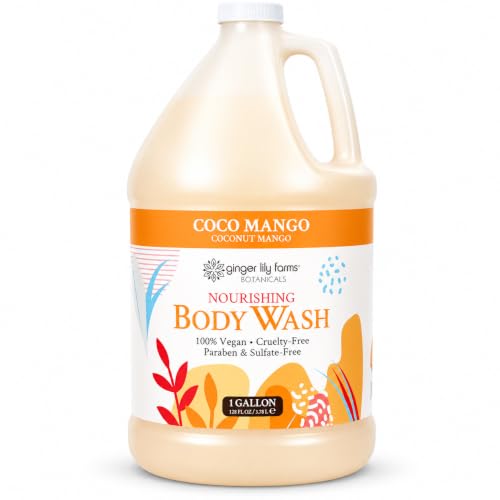 Image of Ginger Lily Farms Botanicals Nourishing Body Wash, Coco Mango, 100% Vegan & Cruelty-Free, Coconut Mango Scent, 1 Gallon (128 fl oz) Refill | 100% Vegan & Cruelty-Free | Nourishing Bath & Shower Gel for All Skin Types | Refill Size