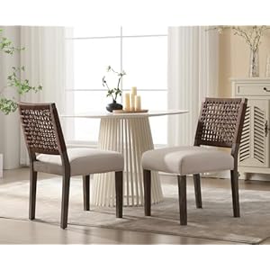 Kmax modern farmhouse dining chairs set of 2 rustic kitchen chairs with linen fabric seat and woven backrest vintage accent chairs for living room dining room bedroom beige  urban country home decor