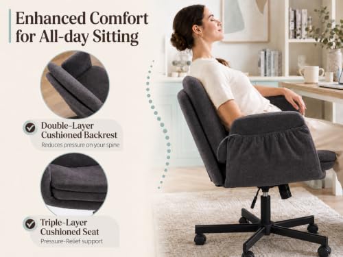 Image of Armrests Criss Cross Chair - Wide Comfy Swivel Vanity Chairs with Wheels, Comfortable Adjustable Home Office Desk Computer Chair for Reading Room, Bedroom, Makeup Room (Dark Gray)