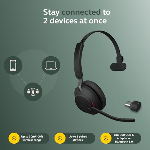 Jabra Evolve2 65 Bluetooth Wireless Headset with Mic for Calls and Music, Single-Ear Headphones with USB-C Adapter, Up to 37 Hours Battery, Works with Microsoft Teams, Black - image 9