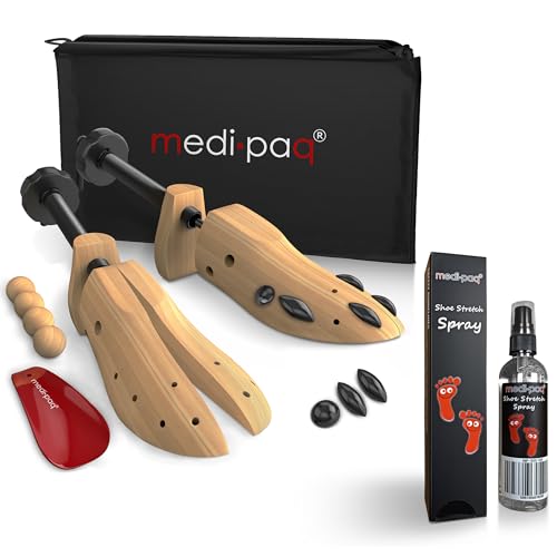 Medipaq Premium Wooden Shoe Stretchers with Stretching Spray - Two-Way Adjustable Shoe Expander for Men, Cedar Balls, and Storage Bag