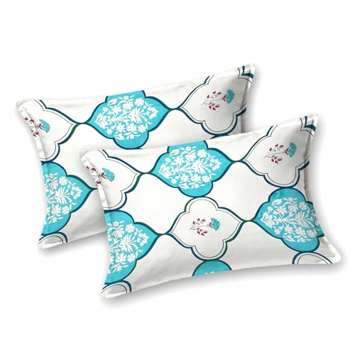 Image of BLOCKS OF INDIA Hand Block Printed 200 TC Cotton King Size Bedsheet | MUGHAL Turquoise