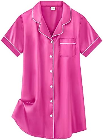 SWOMOG Girls Silk Satin Nightgowns Cute Sleep Dress Button-Down PJS Tops Short Sleeve Sleepshirt Rose Red