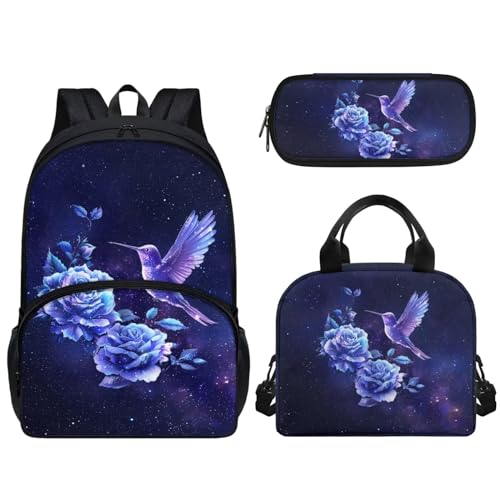 Set di 3 zaini per la scuola casual per la elementare con borsa termica per il pranzo astuccio zaino quotidiano per ragazzi e ragazze Colibrì Fiore
