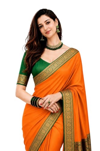 Image of Women's Glory Banarasi Satin Silk Saree with Rich Zari Woven Border & Pallu | Soft Glossy Party Fancy Traditional Saree for Wedding, Festive, Function | Blouse Piece Included