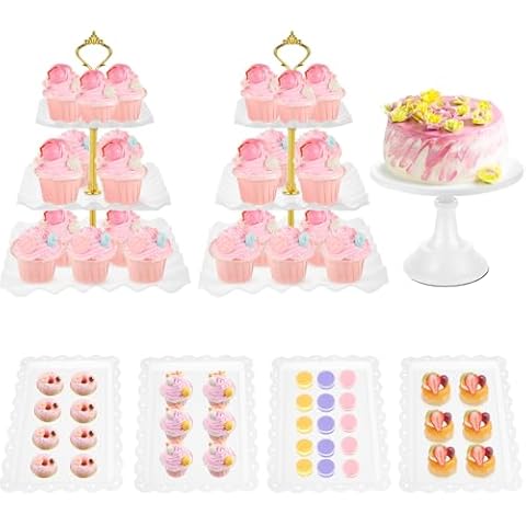 Needbrock 7 Pcs Dessert Table Display Set, 2 Pcs Plastic Cupcake Stand and 1 Pcs Metal Cake Stand with 4 Pcs Dessert Trays Treat Table Display Set for Tea Party Baby Shower Birthday Wedding Cover