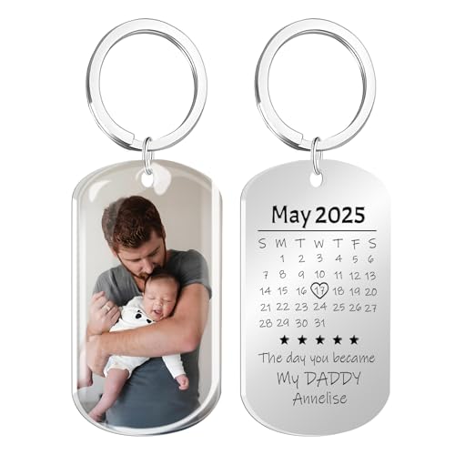 HOBULL Porte Clef Personnalisable Photo, Date Commémorative Gravée Porte Clé Personnalisé Cadeau pour Nouveau Papa Date de Naissance de Bébé, Cadeau Fete Papa, Noël