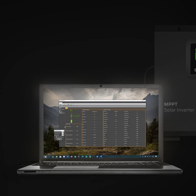 Laptop screen displaying monitoring software for the Green Cell MPPT Solar Inverter.