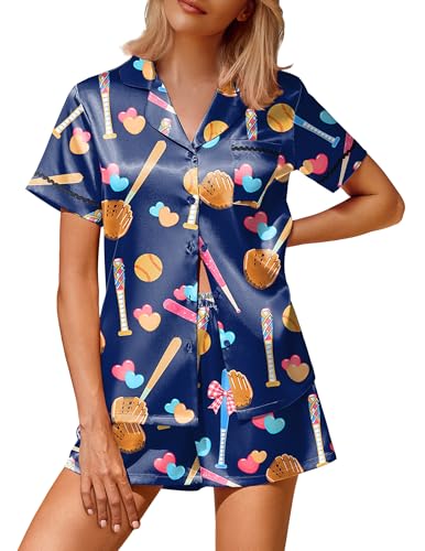 Image of Ekouaer Silk Satin Pajamas 2 Piece Pajamas for Women Set Button Down PJ Short Sleeve and Shorts Pjs Lounge Sets