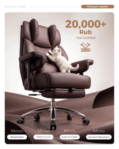 Image of Big and Tall Office Chair, Computer Desk Chair with FootRest, Coffee | High Back Leather Gaming Chair with Lumbar Support, Heavy Duty Ergonomic Executive Office Chair for Home Office Gaming