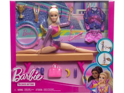 Coffret pour Barbie Gymnastique + poupées + Poutre + Accessoires - poupée Mannequin Sport - Set 22 Pieces + 1 Carte Animal