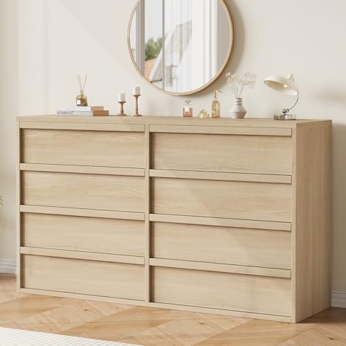 GarveeHome 8 Drawer Dresser for Bedroom, 54in Wide Natural Oak 8 Chest of Drawers with Large Storage, Wooden Dresser Organizer for Living Room, Entryway, Nursery
