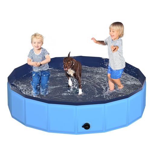 CACSPS 160x30 cm Faltbarer Hundepool – zusammenklappbarer Kinderpool aus Hartplastik für Hunde und Kinder, rutschfeste Haustierbadewanne für den Außeneinsatz im Garten, leicht und tragbar (Blau)