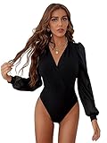 WDIRARA Women's Deep V Neck Long Sleeve Solid Wrap Surplice Bodysuit Black Plain M