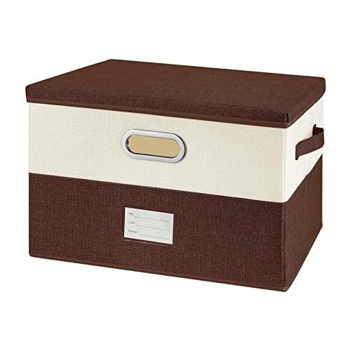 Image of Large Linen Fabric Foldable Storage Bins with Removable Lid and Handles, Washable Storage Box Organizer Containers Baskets Cube with Cover for Bedroom,Closet,Office(Coffee&Cream, Large)