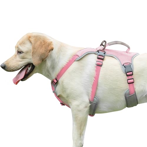 Dog Harnesses Escape Proof, Escape Artist Harness, Fully Reflective Harness with Padded Handle, Breathable,Durable, Adjustable Vest for Large Dogs Walking, Training, and Running Gear Pink (Large)