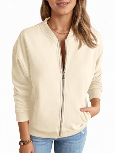 Fisoew Womens Zip Up Long Sleeve Sweatshirt Jacket Casual Loose Coats With Pockets Beige - image 1