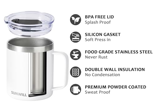 Image of SUNWILL 14 oz Coffee Mug, Vacuum Insulated Camping Mug with Lid, Double Wall Stainless Steel Travel Tumbler Cup, Coffee Thermos Outdoor, Powder Coated White
