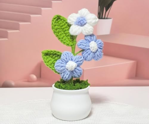 Image of VRB DecTM 1 Pcs Crochet Flowers Artificial Daisy for Office Desk Car Dashboard Decor,Home Decoration, Office, Bedroom, Christmas Decor, Wedding,Diwali (Triple Blue Daisy with Pot)