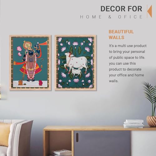Image of kotart Traditional Indian Wall Art Painting Set of 2 | Kamdhenu Cow Design | MDF Wooden Framed Spiritual Wall Decor for Living Room, Pooja Room & Home (Art 8, 20x30 Inch)