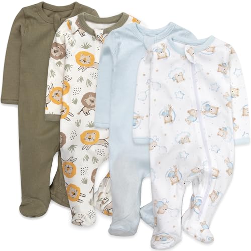 Baby Essentials Boys 4 Pack Patterned and Solid Footie Newborn Outfits, Long Sleeve Zip-Up Sleep and Play