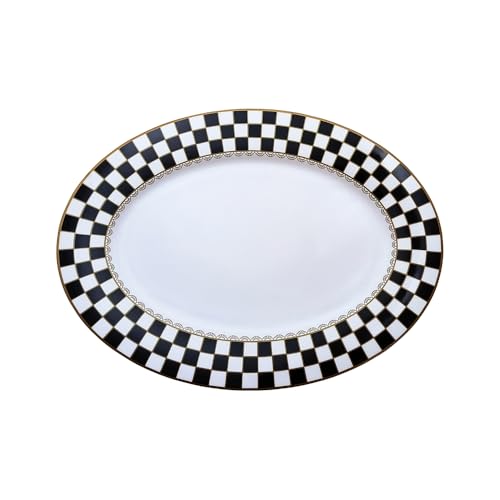 Porlien Checker Oval 14-inch Serving Platter, Porcelain Large Plate