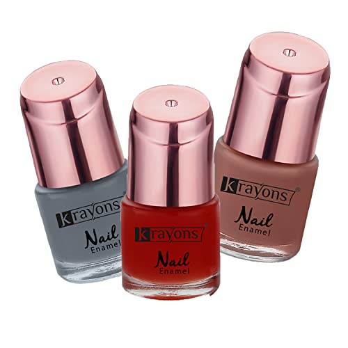 Image of Krayons Crazy Gel Nail Enamel, Waterproof, Longlasting, 8ml Each, Multicolor, Pack of 3 (Romantic Nude, Apple Red, Charcoal Grey)