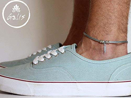 Handmade Gray Anklet For Men Set With Silver Plated Feather Pendant By Galis Jewelry - Ankle Bracelet For Men - Feather Anklet For Men #TOP2