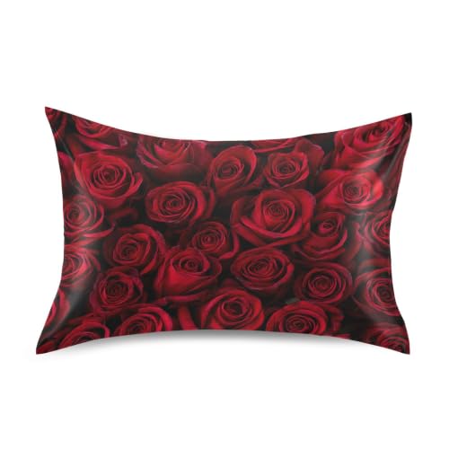 KEEPREAL Natural Red Rose Satin Pillowcase for Hair and Skin Silk Pillowcase - Satin Pillow Covers with Envelope Closure, Standard Size(20x26 inches) - Valentine's Day Gifts