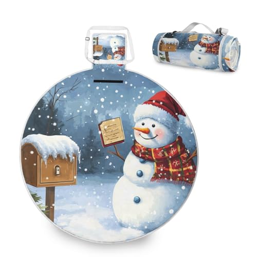 Mnsruu Manta de picnic grande de Navidad, muñeco de nieve y buzón, impermeable, redonda, portátil, para playa, camping, parque, viajes, 148 cm