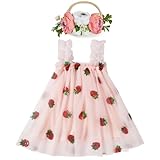 Durio Strawberry Dress for Baby Girl - Tulle Tutu Toddler Dress with Flower Headband - First Birthday Outfit - 9-12 Months