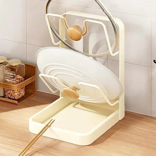 Kitchen Pot Lid Storage Rack with Tray, Pot Lid Organizer Rack for Counter, U-Shaped Rust-Resistant Pot Lid Holder, Carbon Steel Spoon Stand While Cooking,Prevent Mess,Space-Save (White, 24*20*15)