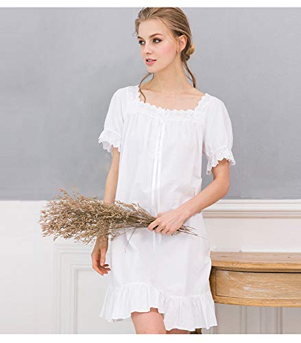 Women's Short Puff Sleeve Knee-Length Retro Victorian White Nightgown 100% Cotton Embroidered Neckline & Cuff Flounce Hem #TOP2