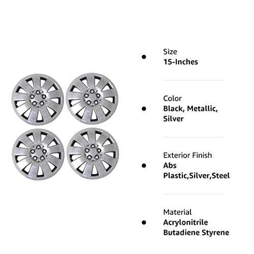 Tuningpros Wc3-15-721-S - Pack Of 4 Hubcaps - 15-Inches Style Snap-On (Pop-On) Type Metallic Silver Wheel Covers Hub-Caps #TOP4