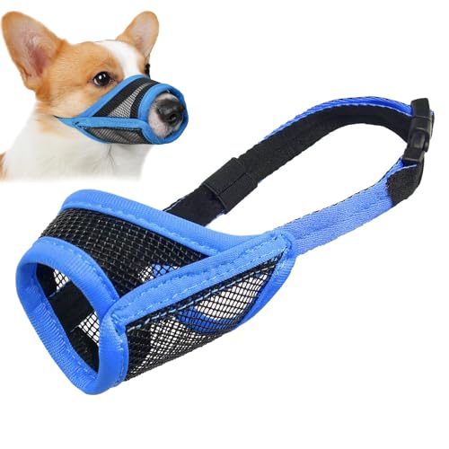 LUCKYPAW Dog Muzzle, Mesh Muzzle for Small Medium Dogs, Soft Mouth Cover to Prevent Biting Chewing, Drinkable Breathable Adjustable Puppy Mouth Guard(XS, Blue)