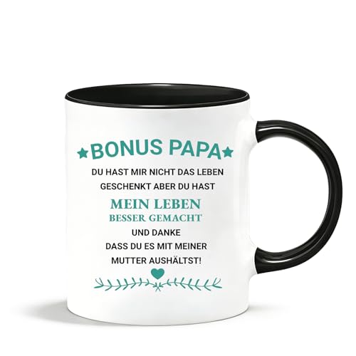 RgitFzi Bonus Papa Geschenk 11oz Bonus Papa Kaffeetasse für Den Vatertag Zweifarbige Papa Tasse mit Humorvollem Spruch für Stiefvater Teetasse für Heimbüro Familie Stiefvater Geschenk
