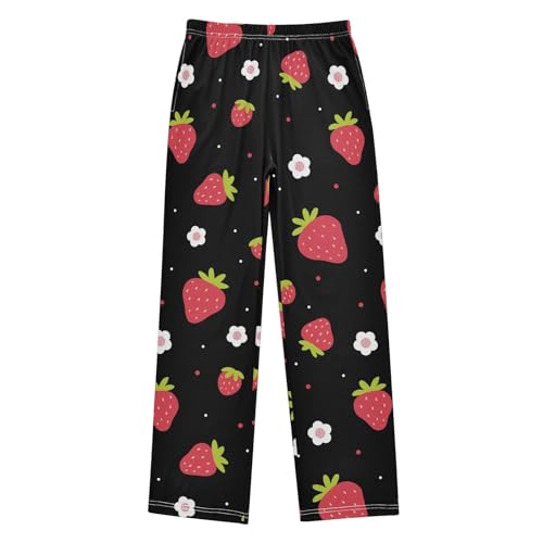 Strawberry Wildflowers Boys Long Pants Soft Trousers Elastic Waist Kids Lounge Bottoms with Pockets S-XL